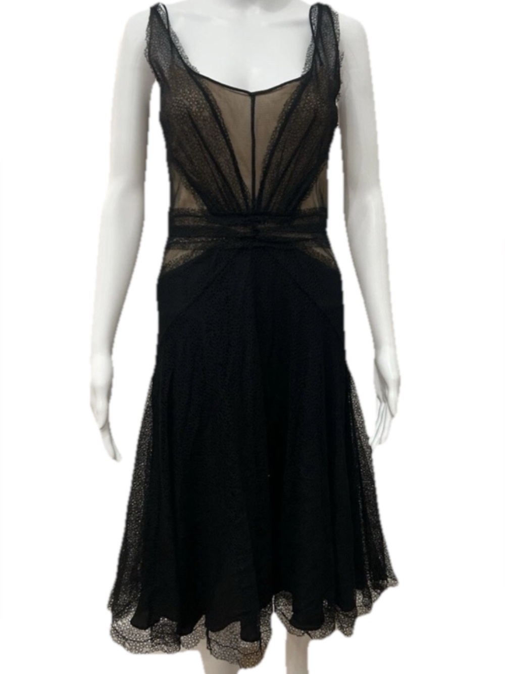 Vintage Y2K Era Rare Zac Posen Silk Black Cocktail Lace Mesh Midi Dress size 4